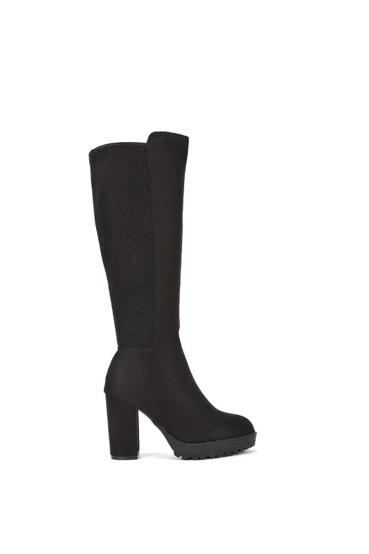 Libby' Knee High Block High Heel Platform Elasticated Calf Boots - XY London