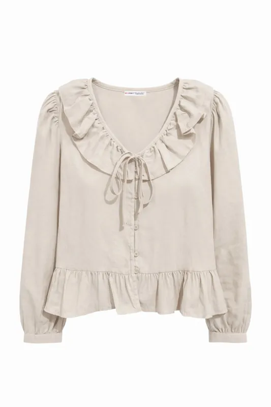 Frilly V-Neck Blouse with Button Closure