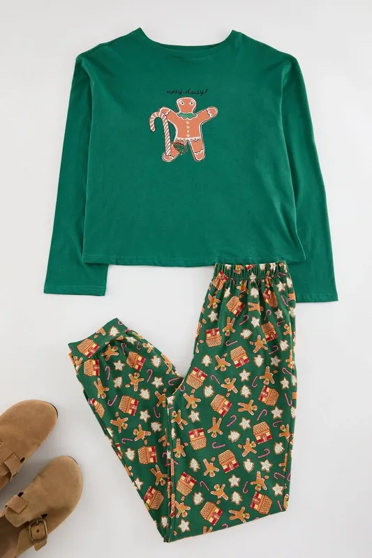 Festive Gingerbread Print Two-Piece Long Sleeve Pyjama Set
