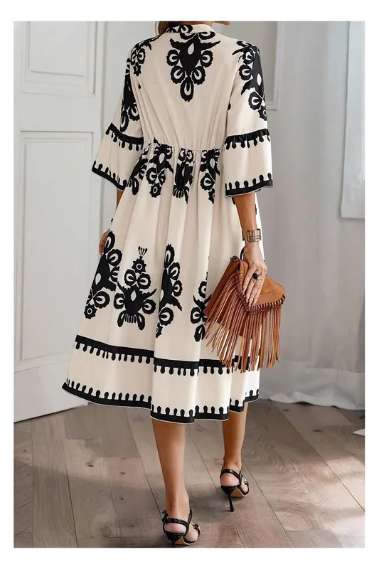 Beige Western Geometric Print 3/4 Sleeve Loose Midi Dress - Everyday The Label