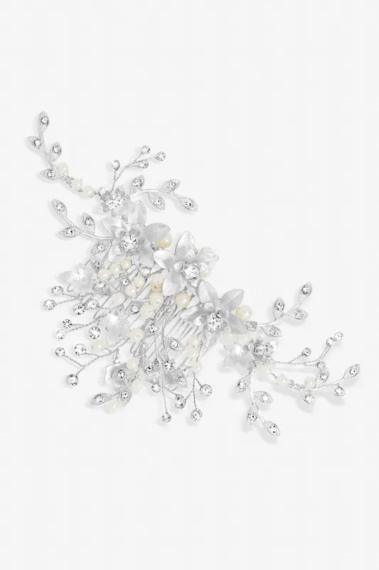 Madeline Silver Texture Petal Maple Leaf Spray Comb - Gift Pouch