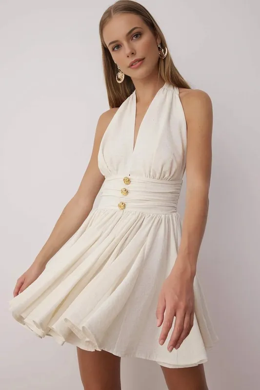 Halter Neck Flared Mini Dress with Button Detail - WOVCOR