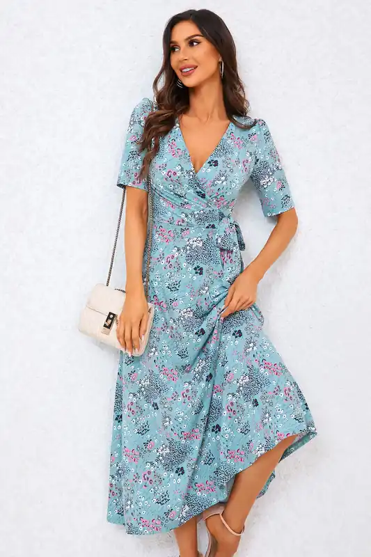 Floral Print Jersey Midi Dress In Blue - FS Collection