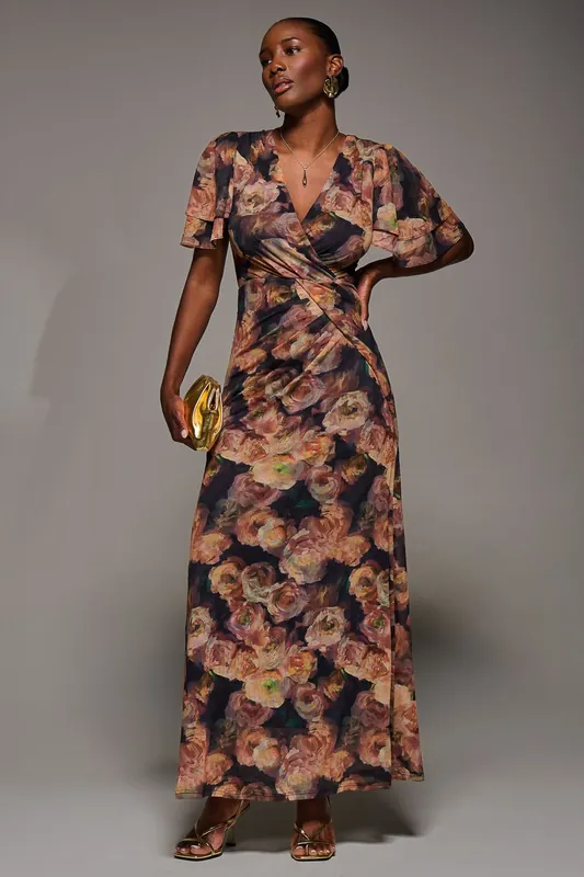 Angel Sleeve Draped Mesh Maxi Dress - Jolie Moi