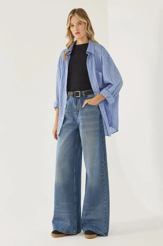 Wide Leg Washed Effect Jeans - Hiccup