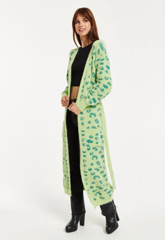 Fluffy Longline Cardigan In Green Animal Print - Liquorish
