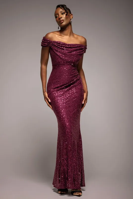Cap Sleeve Iridescent Sequin Cowl Maxi Dress - Goddiva