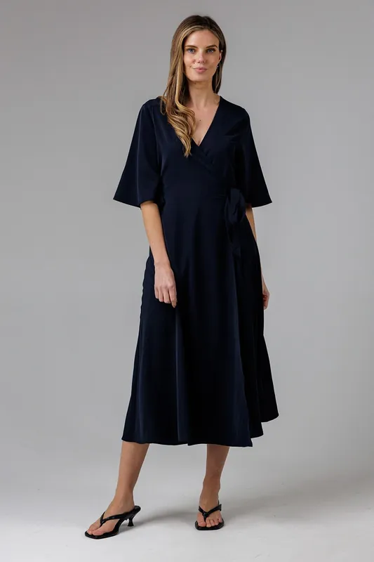 V- Neck Bell Sleeve Wrap Tie Crepe Midi Dress