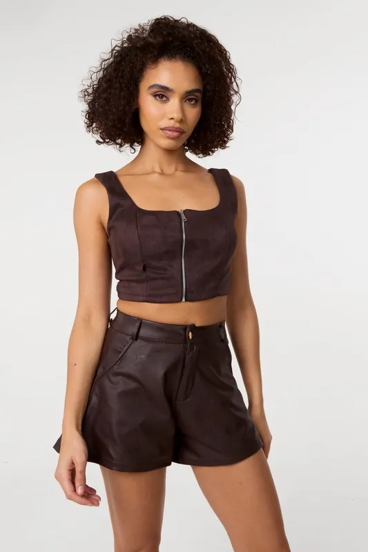 Brown Bra Cup Suede Top - Pink Vanilla