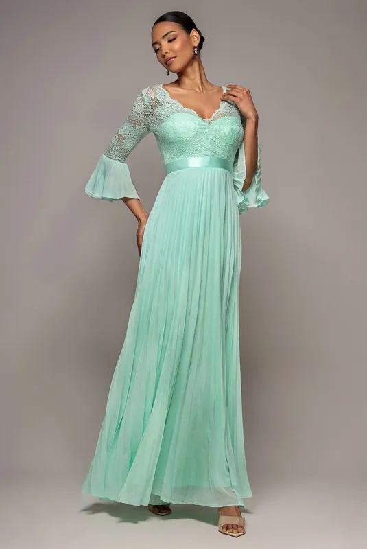 Scalloped Lace Bodice Pleated Chiffon A Line Maxi Dress - Goddiva