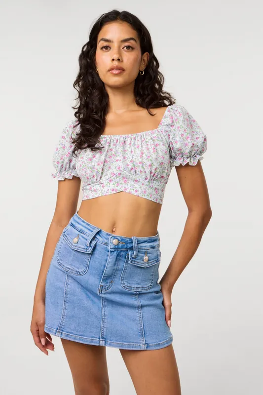 Blue Floral Puff Sleeve Tied Top - Pink Vanilla
