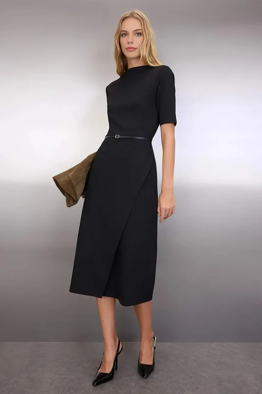 Belted Short Sleeve Midi Knitted Dress - WOVCOR