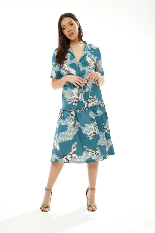 Belted Midi Dress In Mint Green Bird Print - Liquorish