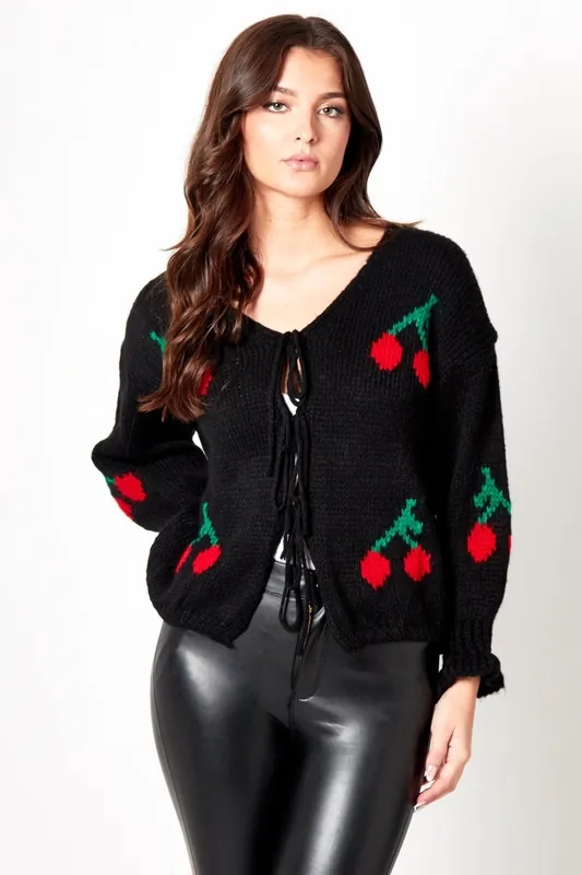 Cherry Print Knit Tie Front Cardigan - Femme Luxe