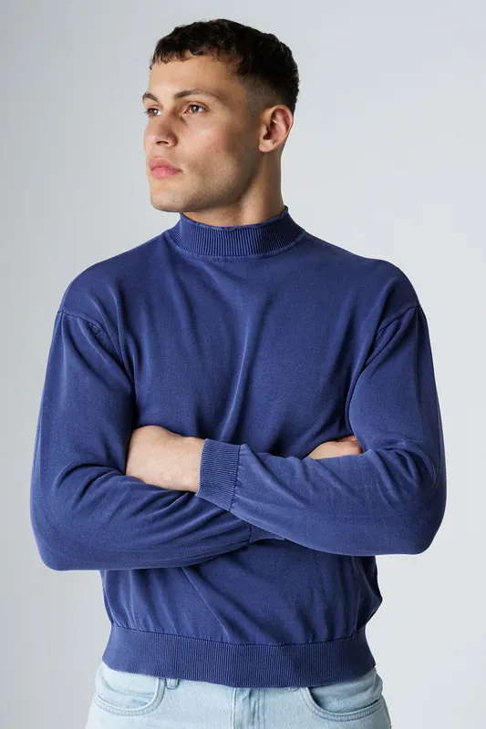Cotton Acid Wash High Neck Long Sleeve Knit Jumper - Influence