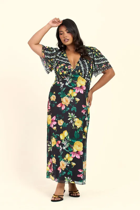 Curve Mixed Lemon Print Flutter Sleeve V Neck Midi Dress - FASHION-SZN