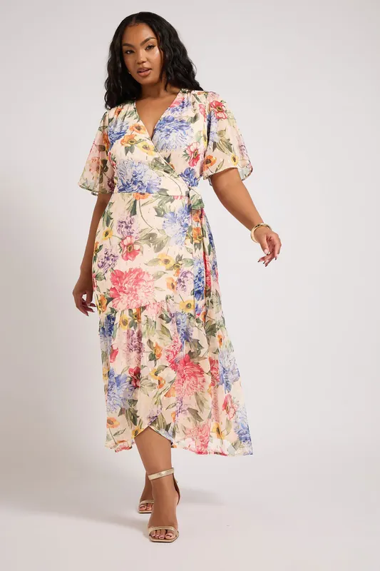 Floral Print Metallic Wrap Dress - Yours