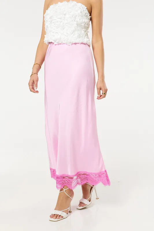 Pink Lace Trim Satin Maxi Skirt - Liquorish