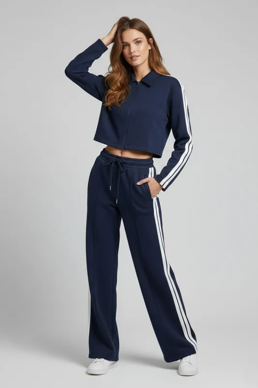 Stripe Zip-Up Tracktop and Jogger Set - Striped - Wide Leg - Tracksuit