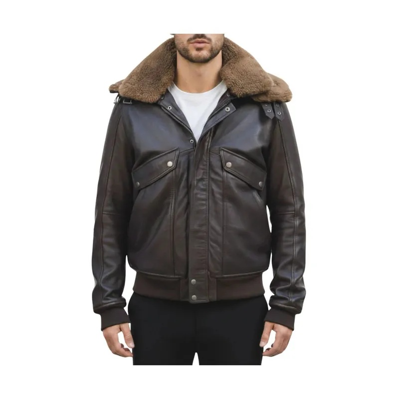 Leather Bomber Jacket Aviator Style with Detachable Shearling Collar - TruClothing