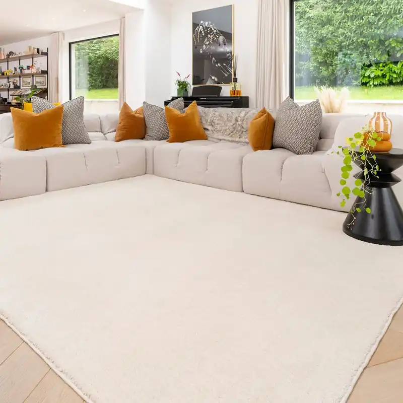 Machine Washable Shaggy Rug Ivory Beige Fluffy Bedroom Carpet Mat - Kukoon