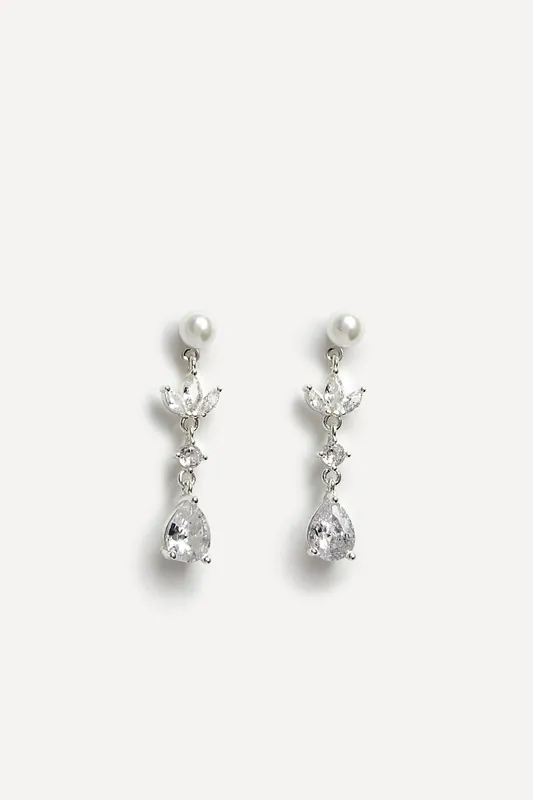 Pristine Silver Pearl Crystal Drop Earrings - Linzi