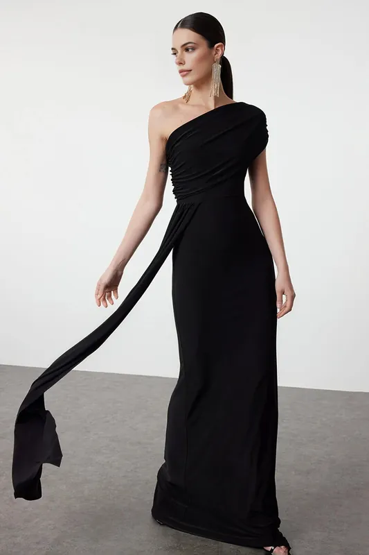One Shoulder Draped Maxi Evening Dress - WOVCOR