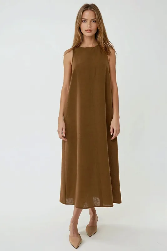 Linen Feel Sleeveless Crew Neck Midi Dress - Hiccup