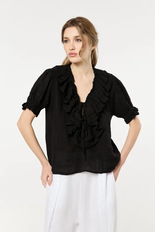 Black Ruffle Tie Front Linen Blouse - Liquorish