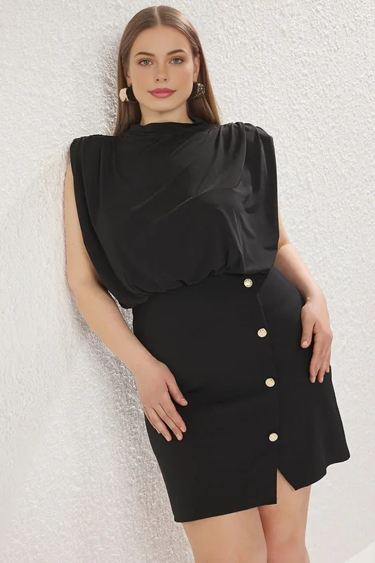 High Neck Draped Top Detail Buttoned Mini Dress - WOVCOR