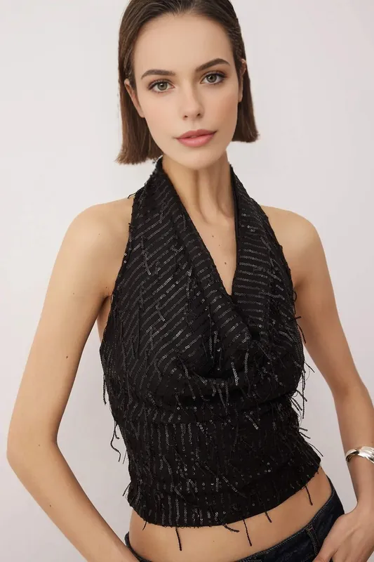 Fringed Sequin V Neck Party Blouse - WOVCOR