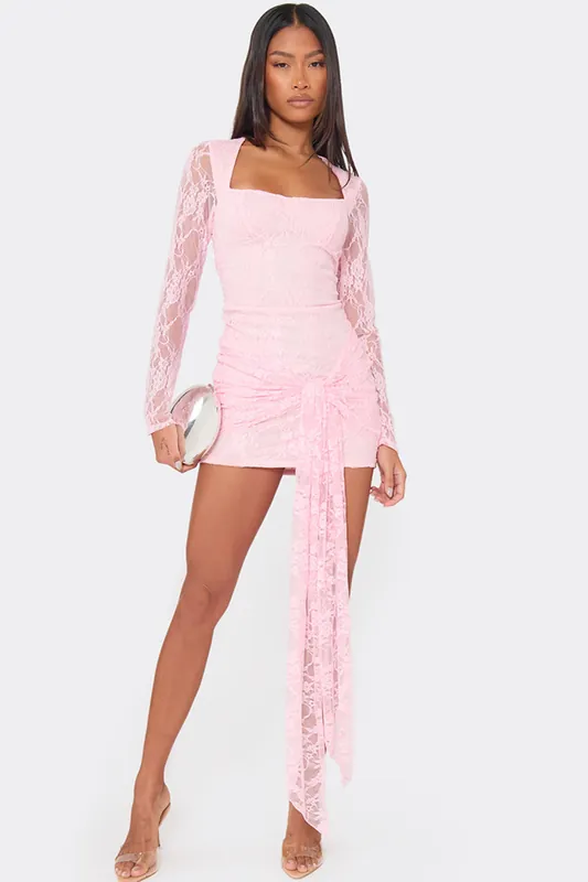 Long Sleeve Tie Drape Lace Mini Dress - EGO