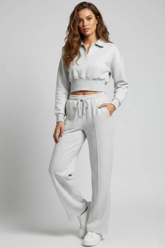 Top and Fleece Trouser Co-ord - Buttoned Collar - Co-ord Set