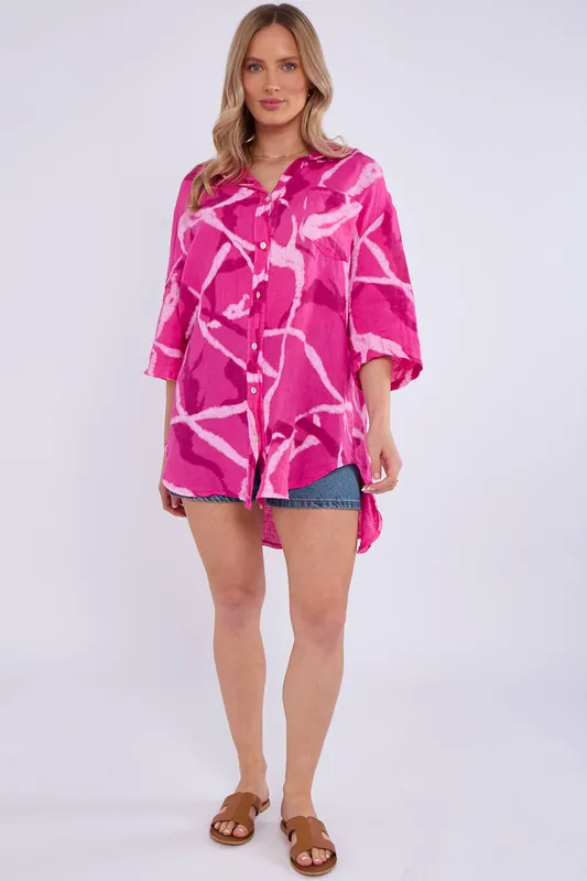 Pink Linen Abstract Print Mini Shirt Dress - Gini London