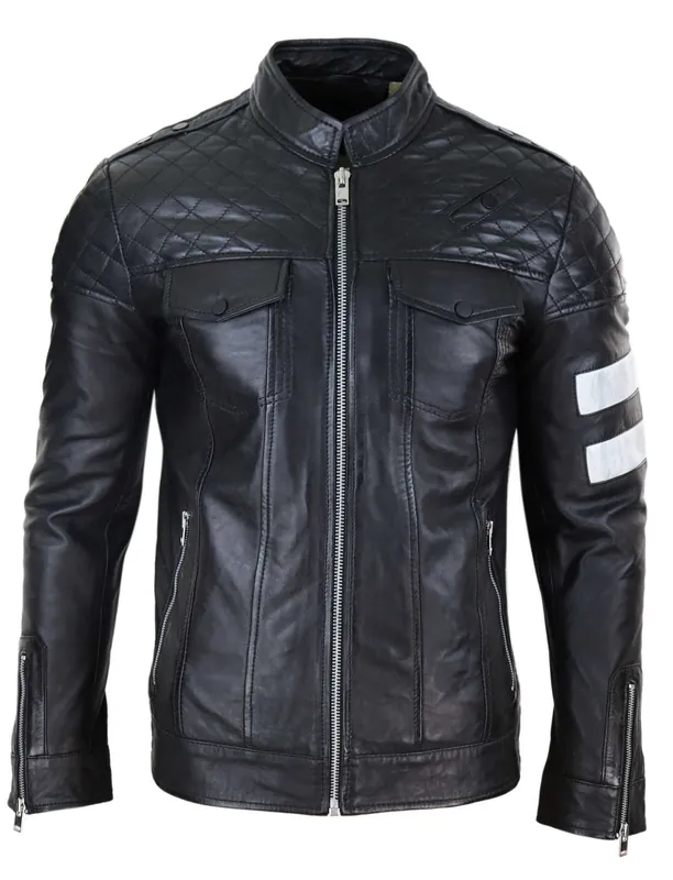 Leather Racing Jacket Biker Stripes - TruClothing