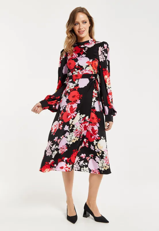 Rose Print Midi Wrap Dress With Open Back Detail - Liquorish