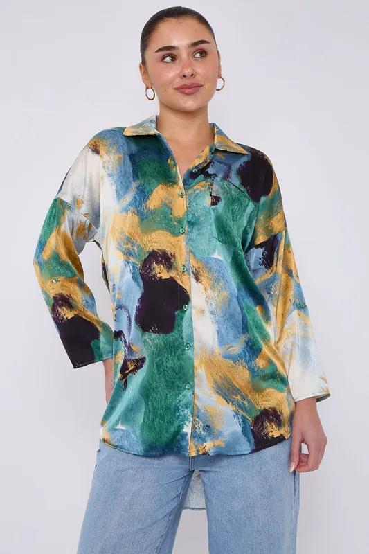 Emerald and Mustard Watercolour Print Satin Shirt - Love Sunshine