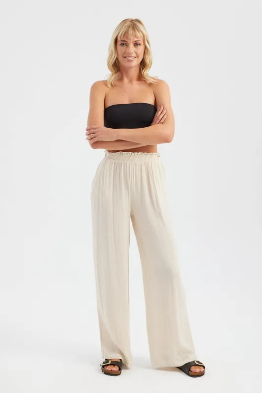 Muslin High Waist Elastic Waist Wide Leg Trousers - Hiccup