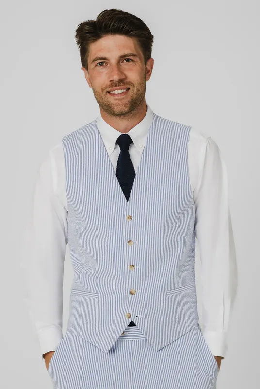 Blue/White Seersucker Waistcoat - Dobell