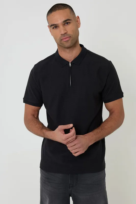 Textured Cotton Quarter Zip Polo Shirt - Threadbare
