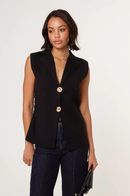 Black Gold Button Front Tailored Vest - Blue Vanilla