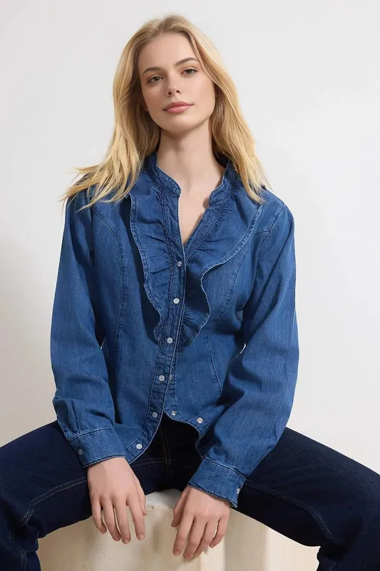 Ruffle Front Collared Long Sleeve Cotton Denim Shirt - WOVCOR