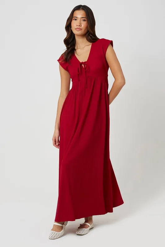 Textured Jersey V-Neck Midi Dress With Tie Detail