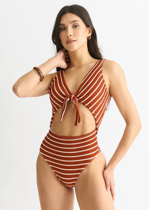 Rust & White Stripe Textured Tie Front Swimsuit - Gini London