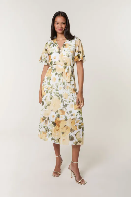 Yellow Short Sleeve Wrap Pleat Dress - Blue Vanilla
