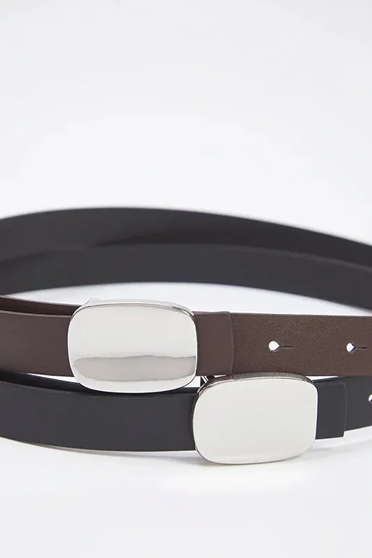 Double Pack Silver Oval Plaque Buckle Slim Faux Leather Belt - WOVCOR