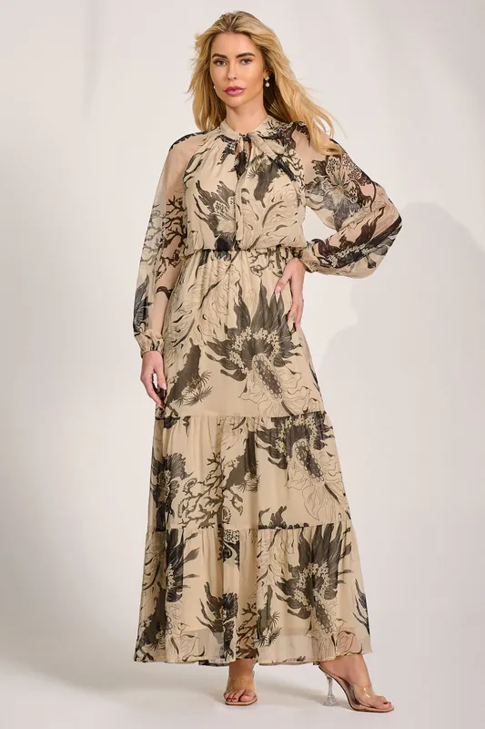 Long Sleeve Tie Neck Maxi Dress - Jolie Moi