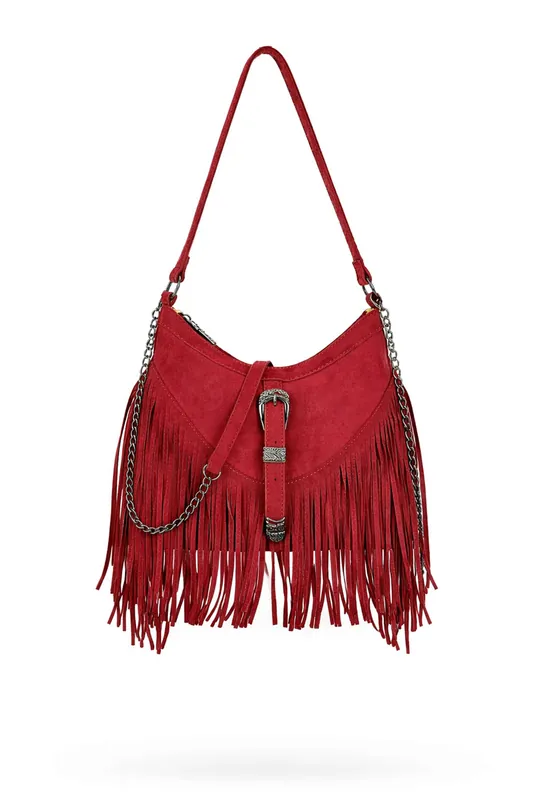 Fringe Faux Suede Shoulder Crossbody Bag with Front Buckle - Kitise