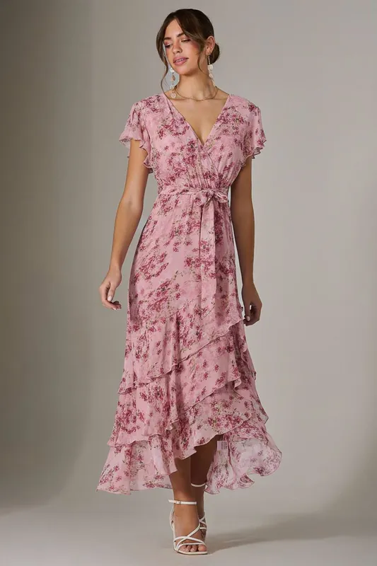 Printed Wrap Ruffle Maxi Dress - Jolie Moi
