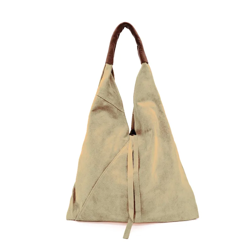 Large Genuine Italian Tie Closure V Suede Slouch Tote With Purse - Kitise